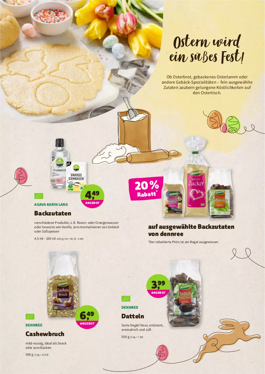 Aktueller Prospekt Denns Biomarkt - Prospekte - von 30.03 bis 09.04.2022 - strona 6 - produkty: angebot, brot, Cashew, Datteln, dennree, eis, geback, gewürz, lamm, nuss, orange, orangen, regal, reis, rosen, snack, Spezi, Ti, tisch, vanille, wasser