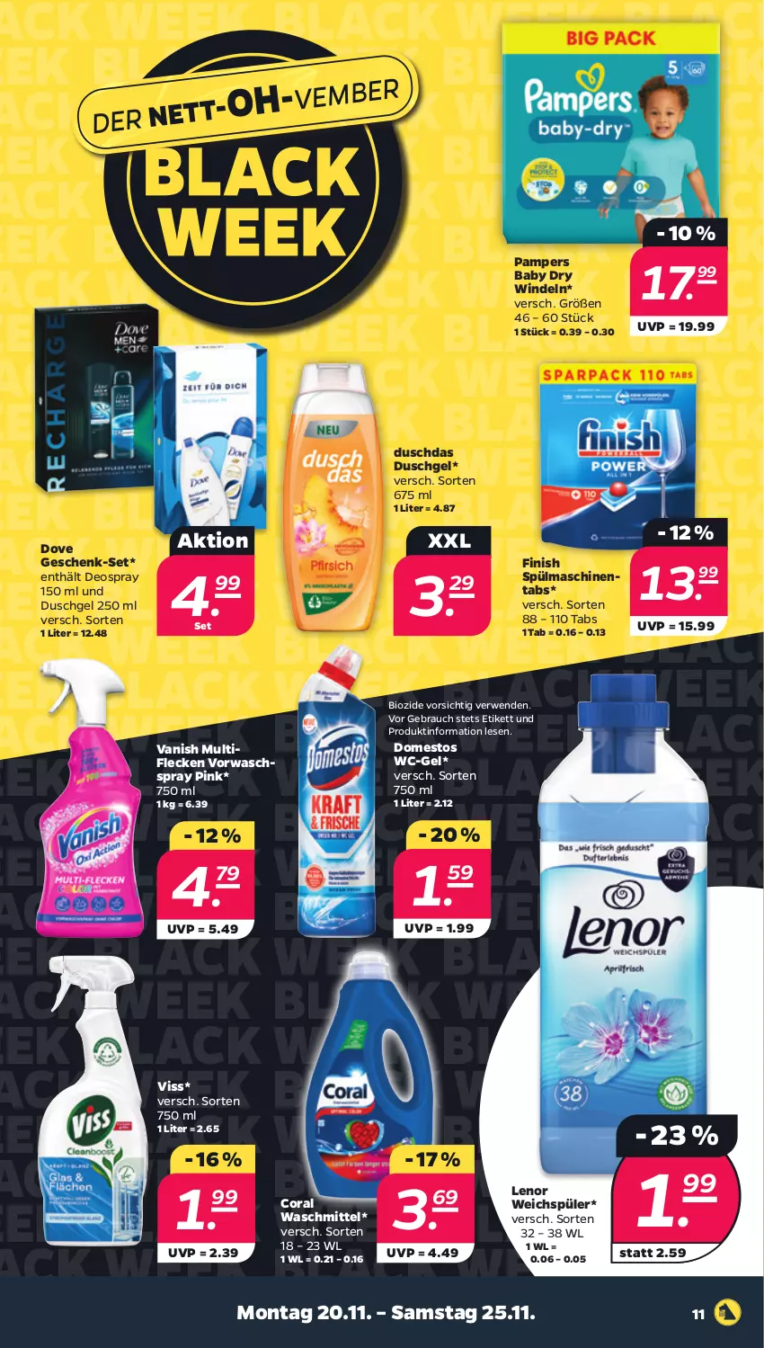 Aktueller Prospekt Netto - Woche 47 - von 20.11 bis 25.11.2023 - strona 11 - produkty: bio, black week, Coral, deo, deospray, deospray 150 ml, domestos, dove, duschdas, duschgel, Finish, lack, lenor, lenor weichspüler, pampers, pampers baby dry, Rauch, rwe, spülmaschinen, spülmaschinentabs, Ti, vanish, waschmittel, wc-gel, weichspüler, windeln