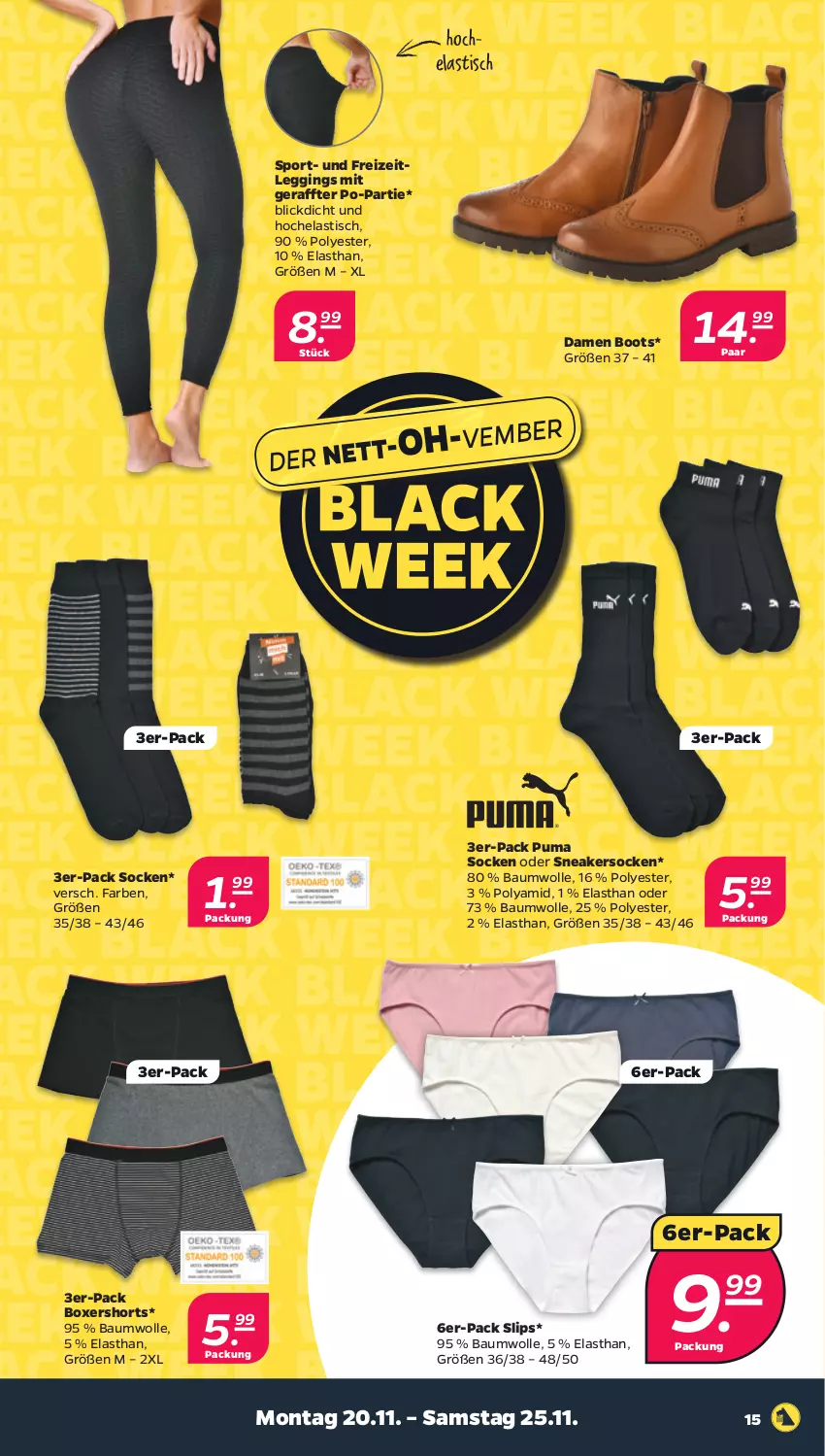 Aktueller Prospekt Netto - Woche 47 - von 20.11 bis 25.11.2023 - strona 15 - produkty: asti, Bau, baumwolle, black week, gin, Hela, lack, leggings, puma, shorts, slip, slips, sneaker, sneakersocken, socken, Sport, Ti, tisch, wolle