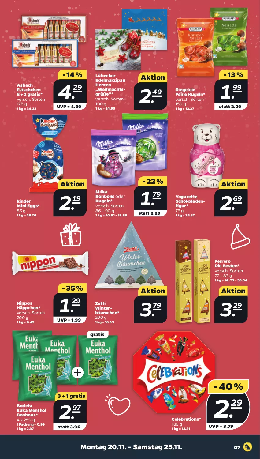 Aktueller Prospekt Netto - Woche 47 - von 20.11 bis 25.11.2023 - strona 7 - produkty: bonbons, Edelmarzipan, ferrero, Kinder, Kugel, Lübecker, marzipan, milka, nippon, riegel, schoko, schokolade, schokoladen, Ti, Yo, yogurette