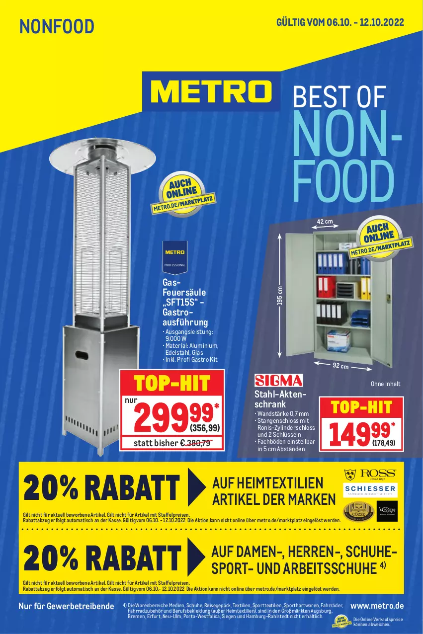 Aktueller Prospekt Metro - NonFood - von 06.10 bis 12.10.2022 - strona 1 - produkty: Aktenschrank, auto, edelstahl, eis, erde, Fahrrad, heimtextilien, kleid, Kleidung, LG, Metro, reis, Ria, Schrank, schuhe, Sport, Ti, tisch, top-hit