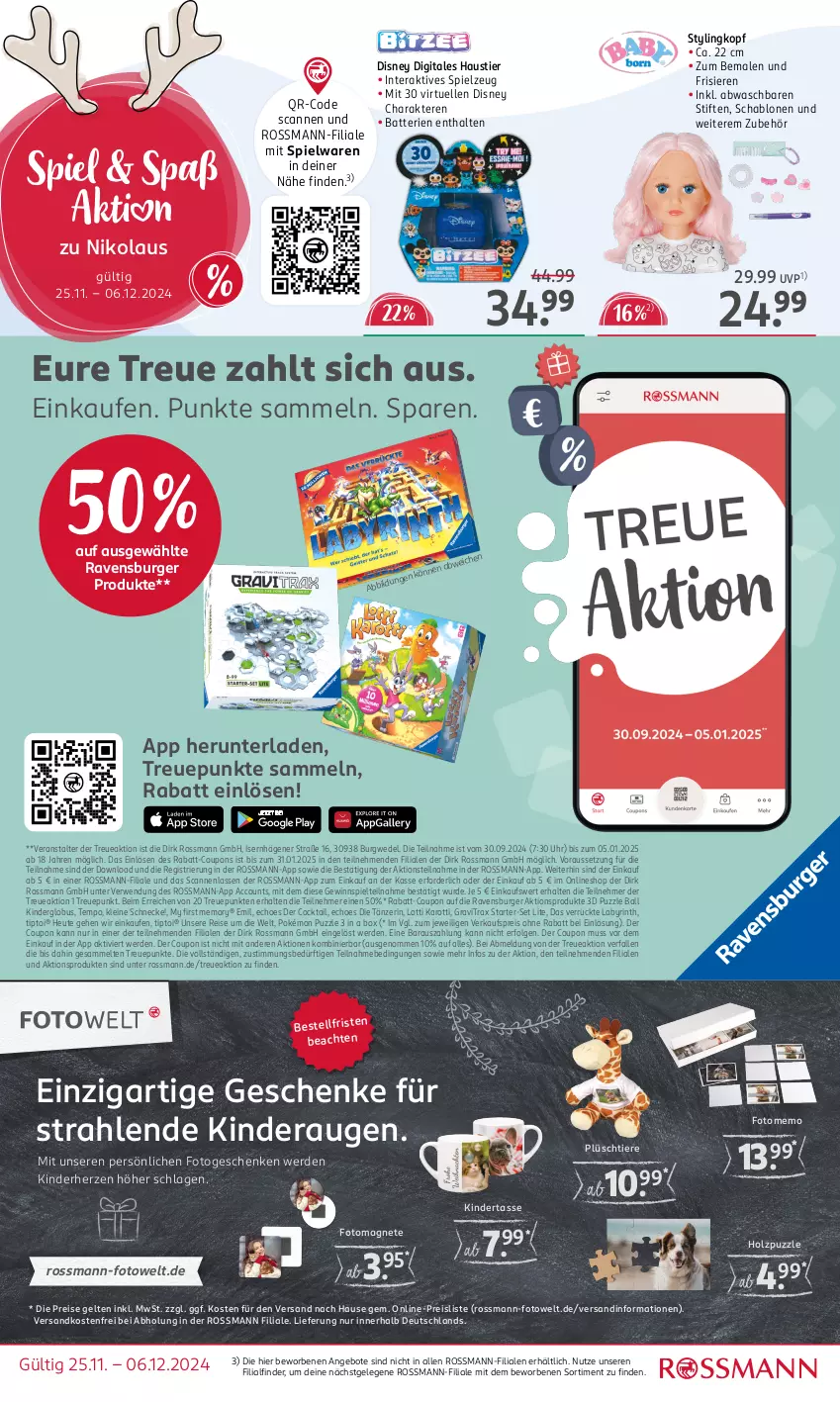 Aktueller Prospekt Rossmann - Prospekte - von 25.11 bis 06.12.2024 - strona 12 - produkty: ACC, angebot, angebote, aust, ball, batterie, batterien, burger, cocktail, coupon, coupons, disney, eis, elle, erde, gewinnspiel, Heu, Holz, Kinder, leine, LG, ndk, Plüsch, Puzzle, rabatt-coupon, ravensburger, reis, rwe, spielwaren, spielzeug, Stier, stifte, tasse, Tempo, Ti, Tiere, Tiptoi, uhr, versandkostenfrei, wedel