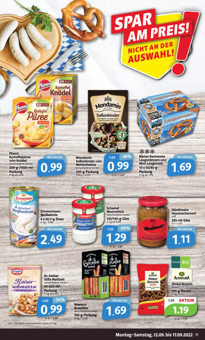 Aktueller Prospekt Markant - Prospekte - von 12.09 bis 17.09.2022 - strona 11 - produkty: brezel, Brezeln, Dr. Oetker, eier, händlmaier, Hausmacher, kartoffel, Kartoffelpüree, Knödel, mac, meerrettich, mehl, mondamin, pfanni, püree, Rettich, schamel, senf, sesam, Soße, Ti