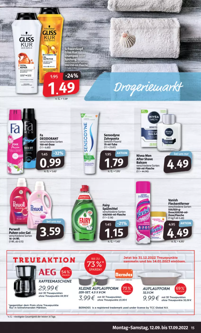 Aktueller Prospekt Markant - Prospekte - von 12.09 bis 17.09.2022 - strona 15 - produkty: after shave, balsam, berndes, deo, deodorant, eis, flasche, fleckentferner, gliss, gliss kur, leine, nivea, Nivea Men, pasta, perwoll, reis, schwarzkop, schwarzkopf, sensodyne, spülmittel, tee, Ti, vanish, zahnpasta, ZTE