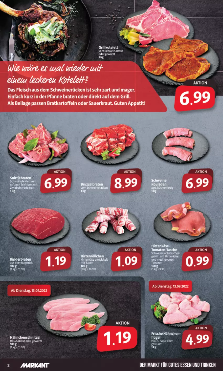 Aktueller Prospekt Markant - Prospekte - von 12.09 bis 17.09.2022 - strona 2 - produkty: auer, braten, eis, fleisch, grill, gutes essen, ilag, kartoffel, kartoffeln, kotelett, Kraut, pfanne, Sauerkraut, schwein, schweine, schweinerücken, Ti, wein, weine