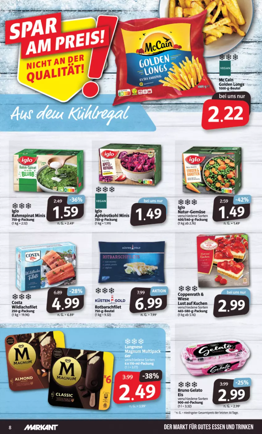 Aktueller Prospekt Markant - Prospekte - von 12.09 bis 17.09.2022 - strona 8 - produkty: apfel, beutel, bruno gelato, eis, filet, Golden Longs, gutes essen, iglo, kuchen, lachs, lachsfilet, Lust auf Kuchen, mccain, natur, reis, Rotbarsch, rotbarschfilet, rotkohl, spinat, Wild, wildlachs, ZTE