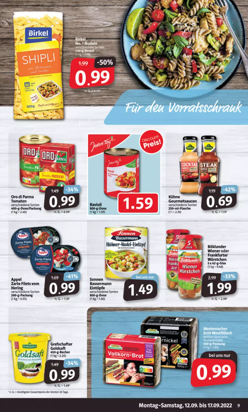 Aktueller Prospekt Markant - Prospekte - von 12.09 bis 17.09.2022 - strona 9 - produkty: böklunder, eintopf, eintöpfe, eis, filet, filets, flasche, frankfurter, goldsaft, grafschafter, hartweizen, hering, Kühne, nudel, oro di parma, reis, ring, saft, sauce, saucen, tomate, tomaten, topf, wiener, würstchen, ZTE