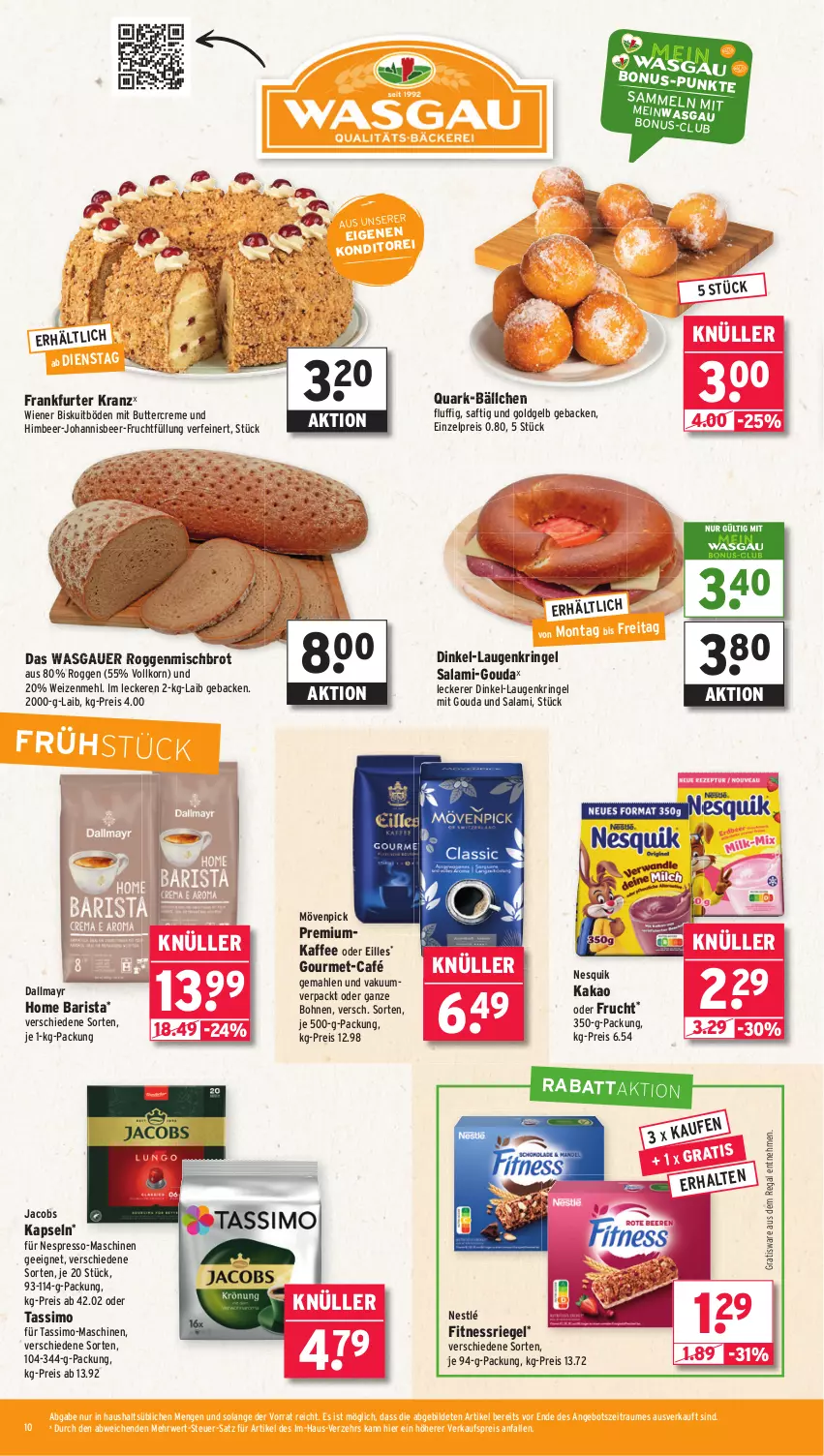 Aktueller Prospekt Wasgau - von 15.09 bis 20.09.2025 - strona 10 - produkty: angebot, auer, bohne, bohnen, brot, butter, creme, dallmayr, eis, espresso, frankfurter, frucht, geback, gouda, himbeer, jacobs, kaffee, kakao, korn, Kranz, mehl, mit gouda, mövenpick, nespresso, nesquik, nestlé, quark, regal, reis, riegel, ring, rwe, saft, salami, sim, tassimo, Ti, weizenmehl, wiener