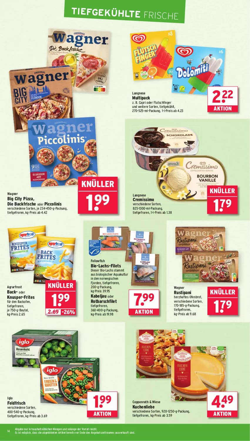 Aktueller Prospekt Wasgau - von 15.09 bis 20.09.2025 - strona 14 - produkty: agrarfrost, angebot, aqua, backofen, beutel, bio, brot, Cap, coppenrath, cremissimo, eis, filet, filets, followfish, iglo, kuchen, kuchenliebe, lachs, langnese, oder piccolinis, Ofen, piccolinis, pizza, reis, Rotbarsch, rotbarschfilet, rustipani, rwe, sim, Ti, wagner