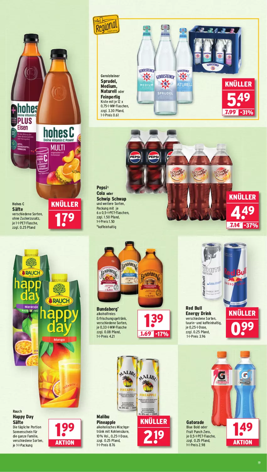 Aktueller Prospekt Wasgau - von 15.09 bis 20.09.2025 - strona 19 - produkty: alkohol, Apple, Bundaberg, cola, drink, eis, energy drink, erfrischungsgetränk, flasche, gerolsteine, gerolsteiner, getränk, Happy Day, Hohes C, Malibu, mw-flasche, natur, pepsi, pet-flasche, pet-flaschen, Rauch, red bull, reis, rel, säfte, Schwip Schwap, Sprudel, steiner, Ti, zucker