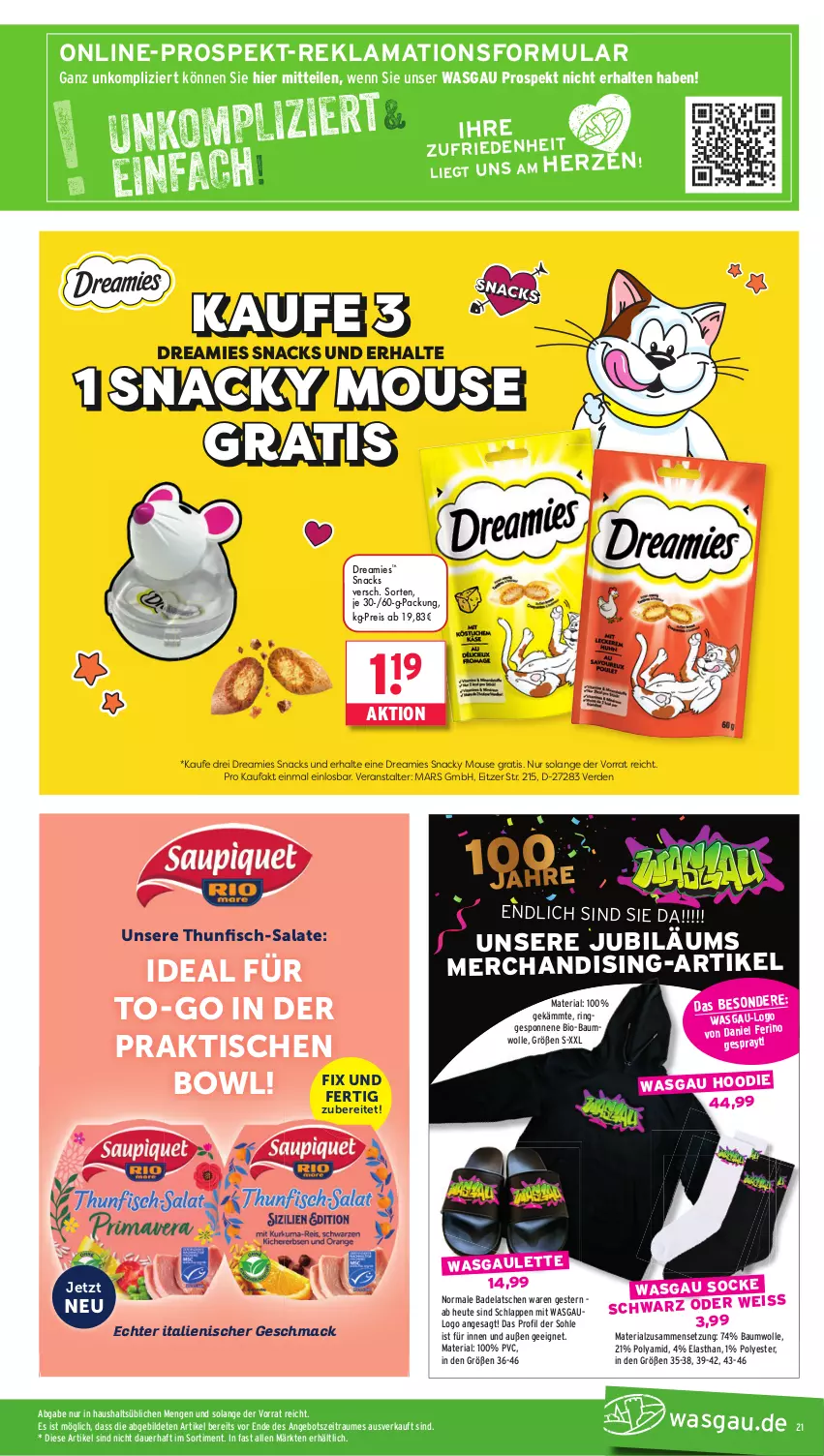 Aktueller Prospekt Wasgau - von 15.09 bis 20.09.2025 - strona 21 - produkty: angebot, auer, Bad, Bau, baumwolle, bio, bio-baumwolle, dreamies, eis, erde, fisch, Heu, Jubiläums, mac, mars, reis, Ria, ring, salat, salate, snack, snacks, thunfisch, Ti, tisch, wolle