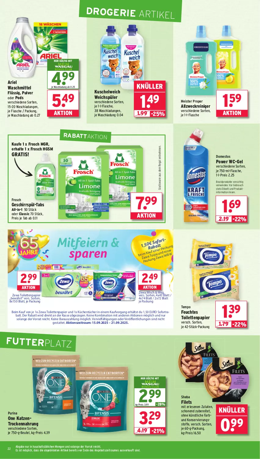 Aktueller Prospekt Wasgau - von 15.09 bis 20.09.2025 - strona 22 - produkty: allzweckreiniger, angebot, ariel, ariel waschmittel, auto, beutel, bio, biozidprodukte, domestos, eier, eis, feuchtes toilettenpapier, filet, filets, flasche, Frosch, geschirr, küche, Küchen, küchentücher, Kuschelweich, Meister, meister proper, papier, Pods, purina, Rauch, regal, reiniger, reis, rwe, sheba, sofortrabatt, Tempo, Ti, toilettenpapier, Trockennahrung, tücher, waschmittel, wc-gel, weck, weichspüler, zewa