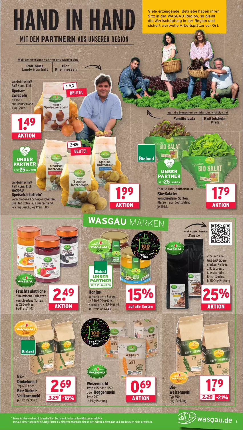 Aktueller Prospekt Wasgau - von 15.09 bis 20.09.2025 - strona 3 - produkty: angebot, angebote, auer, aufstrich, beutel, bio, Brei, classico, dinkelmehl, Dinkelvollkornmehl, eier, eis, espresso, frucht, fruchtaufstrich, früchte, honig, kaffee, kartoffel, kartoffeln, korn, mehl, reis, salat, salate, speisekartoffeln, Speisezwiebeln, Ti, type 405, weizenmehl, zwiebel, zwiebeln