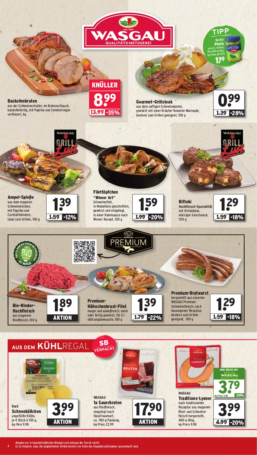 Aktueller Prospekt Wasgau - von 15.09 bis 20.09.2025 - strona 4 - produkty: angebot, auer, backofen, barilla, Bifteki, bio, braten, bratwurst, cocktail, eis, elle, filet, fleisch, gewürz, grill, hackfleisch, hähnchenbrust, hirtenkäse, ideal zum grillen, Käse, kräuter, kühlregal, lyoner, mac, marinade, medaillons, mit paprika, natur, Ofen, paprika, pesto, regal, reis, rezept, rind, rinder, rinderhackfleisch, rindfleisch, ring, saft, sauce, schlauch, schnitten, schwein, schweine, schweinefilet, schweinefleisch, schweinerücken, Spezi, steak, Ti, tomate, tomaten, Töpfchen, wein, weine, wiener, wurst, Yo, zwiebel