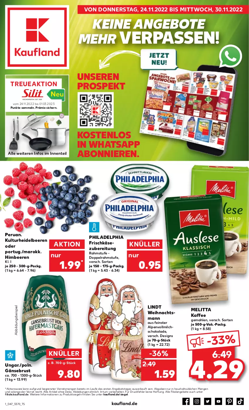 Aktueller Prospekt Kaufland - von 24.11 bis 30.11.2022 - strona 1 - produkty: angebot, angebote, beere, beeren, doppelrahmstufe, eis, ente, frischkäse, frischkäsezubereitung, Gänsebrust, heidelbeere, heidelbeeren, himbeer, himbeere, himbeeren, kaffee, Käse, lindt, melitta, milch, philadelphia, schoko, schokolade, Ti, vollmilch, ZTE