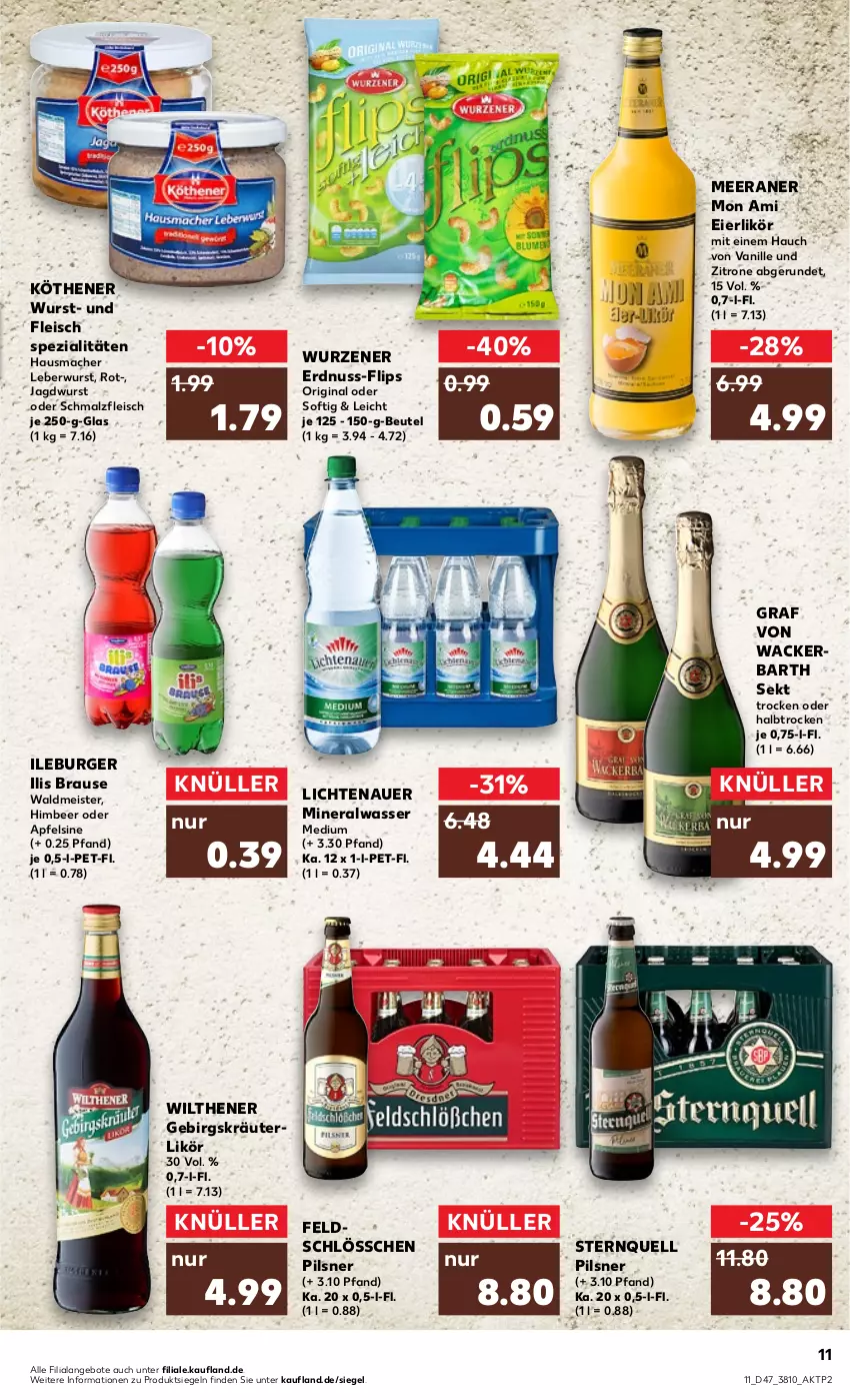 Aktueller Prospekt Kaufland - von 24.11 bis 30.11.2022 - strona 11 - produkty: Alwa, angebot, angebote, apfel, auer, beutel, brause, burger, eier, eierlikör, eis, erdnuss, fleisch, gin, Hausmacher, himbeer, jagdwurst, kräuter, kräuterlikör, leberwurst, lichtenauer, likör, mac, malz, Meister, mineralwasser, Mineralwasser Medium, nuss, pils, pilsner, Schmalz, sekt, Spezi, Ti, vanille, waldmeister, wasser, wilthener, wurst, zitrone