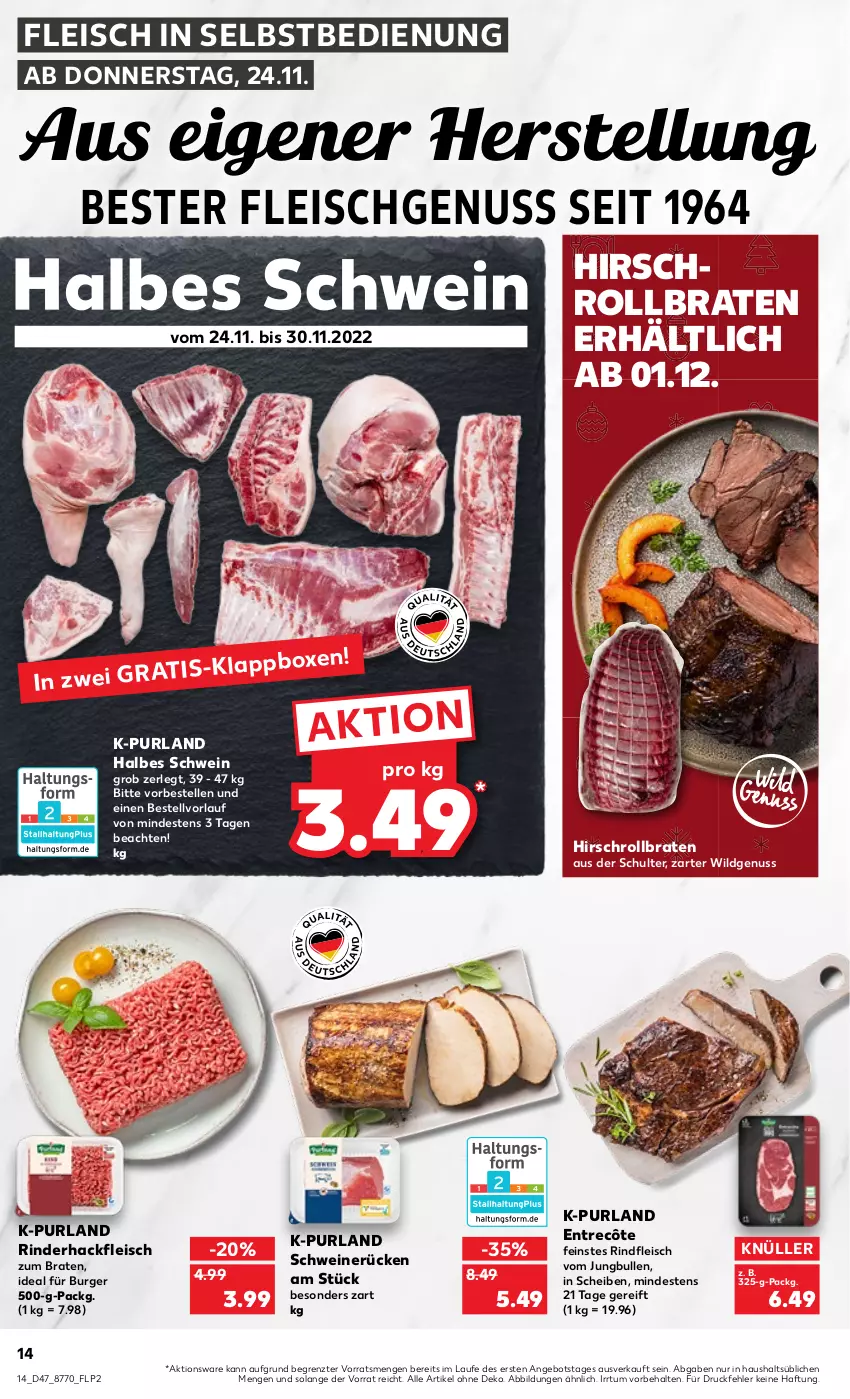 Aktueller Prospekt Kaufland - von 24.11 bis 30.11.2022 - strona 14 - produkty: angebot, braten, burger, eis, elle, entrecôte, fleisch, fleisch in selbstbedienung, hackfleisch, jungbullen, Klappbox, nuss, purland, rind, rinder, rinderhackfleisch, rindfleisch, rollbraten, schwein, schweine, schweinerücken, Ti, wein, weine, Wild, ZTE