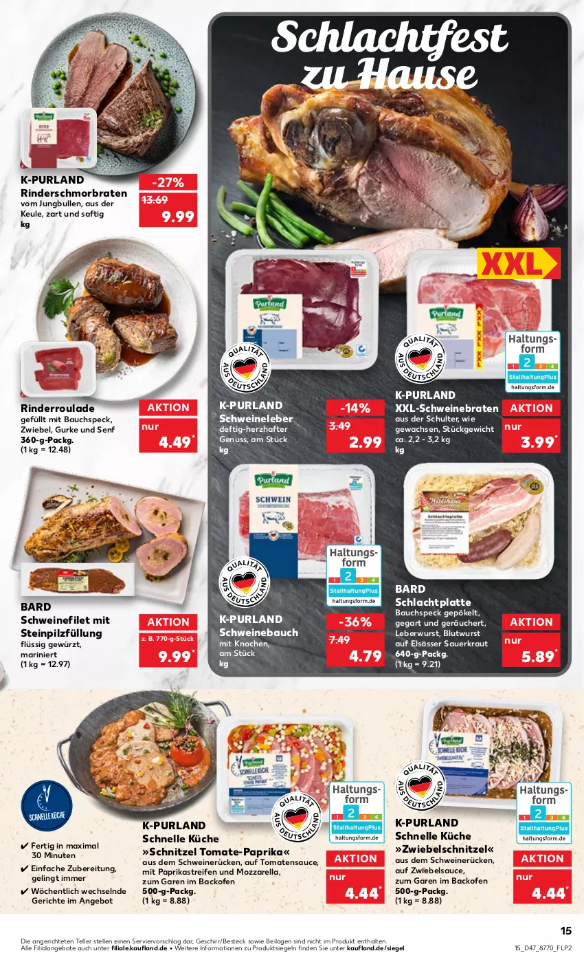 Aktueller Prospekt Kaufland - von 24.11 bis 30.11.2022 - strona 15 - produkty: angebot, angebote, auer, backofen, Bau, besteck, braten, elle, filet, geschirr, gewürz, gurke, ilag, jungbullen, Kraut, küche, latte, leberwurst, mit paprika, mozzarella, nuss, Ofen, paprika, purland, reifen, rel, rind, rinder, Rinderroulade, saft, sauce, Sauerkraut, schmorbraten, schnitzel, schwein, schweine, Schweinebauch, schweinebraten, schweinefilet, Schweineleber, schweinerücken, senf, Speck, teller, Ti, tomate, tomaten, tomatensauce, wein, weine, wurst, zwiebel