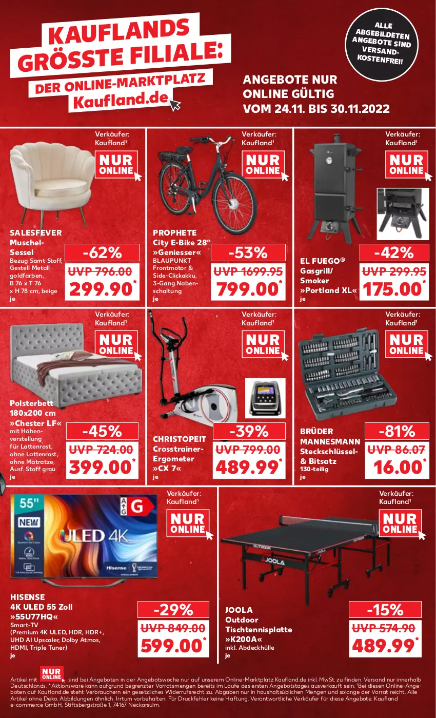 Aktueller Prospekt Kaufland - von 24.11 bis 30.11.2022 - strona 43 - produkty: akku, angebot, angebote, bett, blaupunkt, E-Bike, gasgrill, grill, HDMI, hisense, K2, latte, lattenrost, matratze, ohne matratze, polsterbett, prophete, Rauch, Schal, sessel, Ti, tisch, tuner, uhd, ZTE