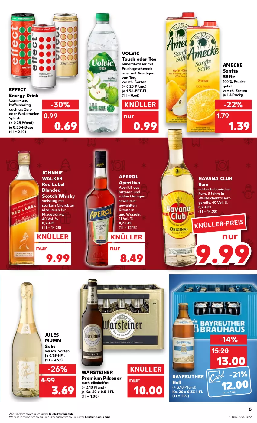 Aktueller Prospekt Kaufland - von 24.11 bis 30.11.2022 - strona 5 - produkty: alkohol, Alwa, amecke, angebot, angebote, aperitif, aperol, blended scotch, blended scotch whisky, drink, Effect, eis, energy drink, frucht, getränk, getränke, Havana Club, johnnie walker, jules mumm, kräuter, kräutern, mac, mineralwasser, mit frucht, Mixgetränk, mumm, orange, orangen, pils, pilsener, premium pils, rum, säfte, scotch, scotch whisky, sekt, steiner, tee, Ti, volvic, warsteiner, wasser, whisky