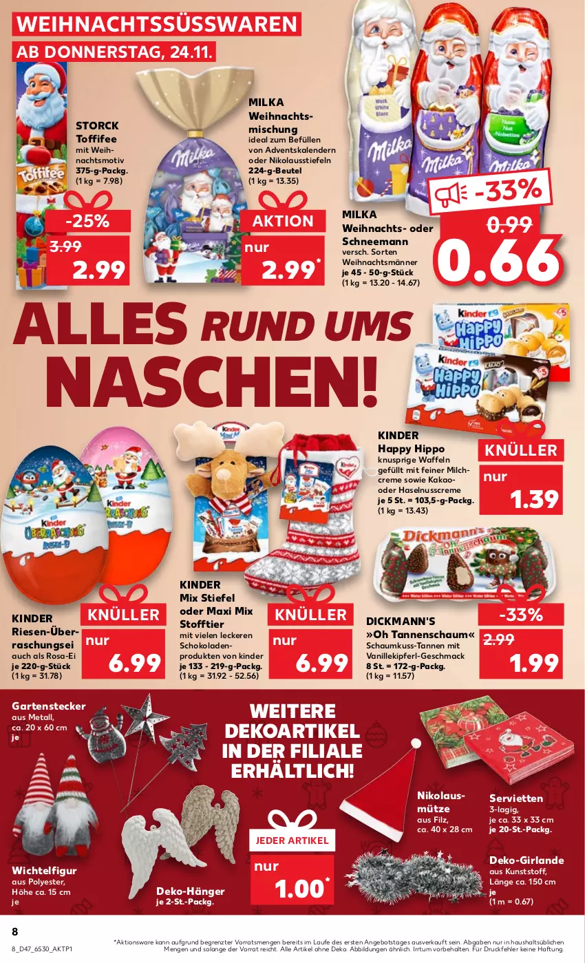 Aktueller Prospekt Kaufland - von 24.11 bis 30.11.2022 - strona 8 - produkty: Adventskalender, angebot, beutel, creme, Dickmann's, Garten, Girlande, haselnuss, Haselnusscreme, hipp, kakao, Kinder, mac, milch, milka, Mütze, nuss, schoko, schokolade, schokoladen, Serviette, servietten, storck, süsswaren, Ti, toffifee, vanille, waffeln, Wichtel, ZTE