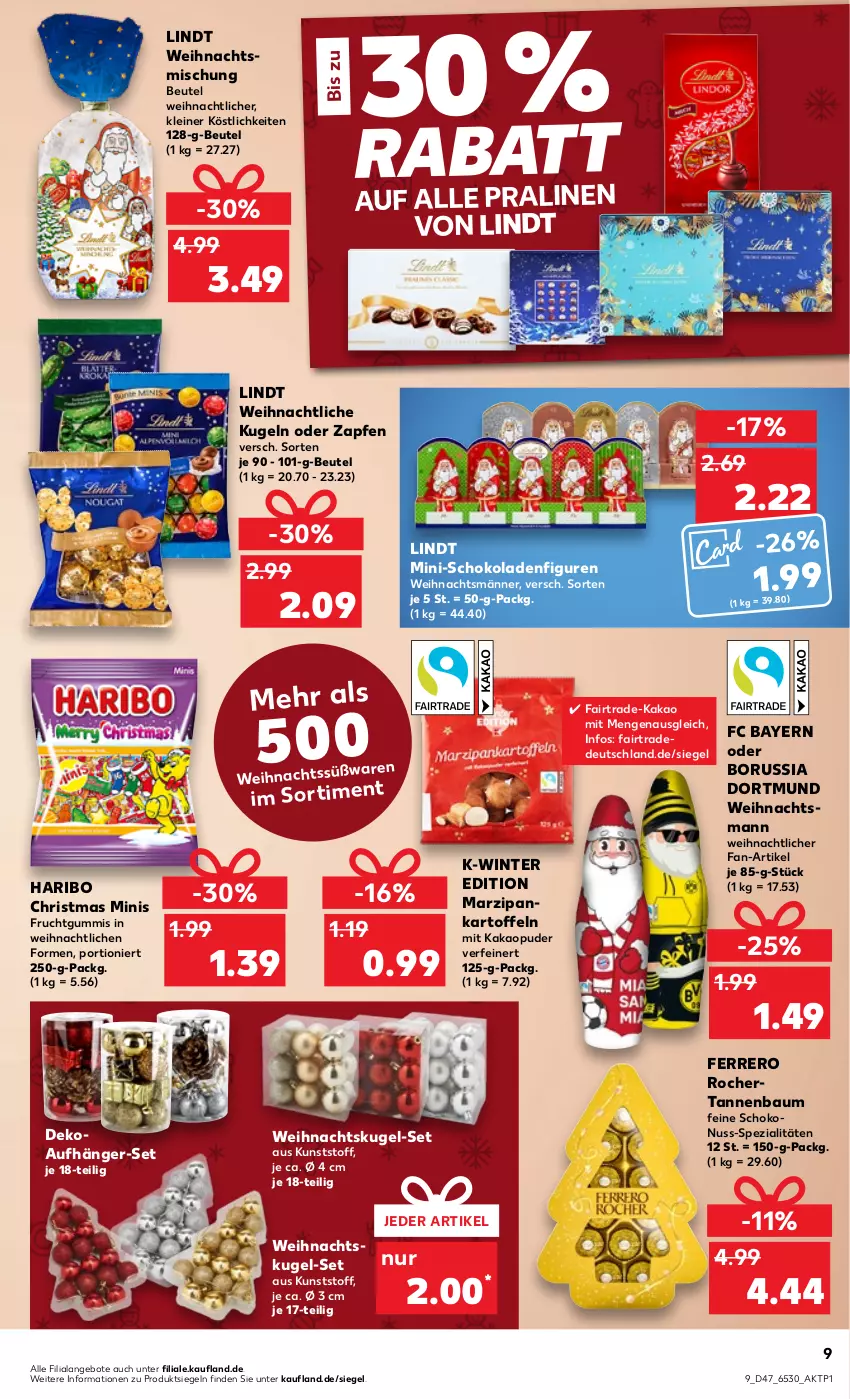 Aktueller Prospekt Kaufland - von 24.11 bis 30.11.2022 - strona 9 - produkty: angebot, angebote, Bau, beutel, ferrero, Ferrero Rocher, frucht, fruchtgummi, fruchtgummis, haribo, herta, kakao, kartoffel, kartoffeln, Kugel, leine, lindt, marzipan, nuss, pralinen, schoko, schokolade, schokoladen, Spezi, Tannenbaum, Ti