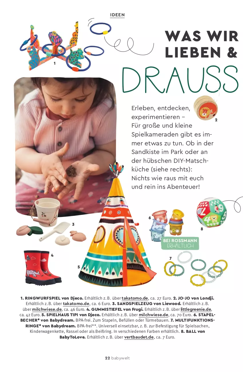 Aktueller Prospekt Rossmann - Prospekte - von 01.05 bis 31.08.2023 - strona 24 - produkty: babydream, ball, Bau, Becher, decke, DJI, ente, Gummistiefel, kamera, Kette, Kinder, Kinderwagen, küche, leine, milch, ndk, ring, sac, Sandspielzeug, spielzeug, Ti, Tiere, Tipi