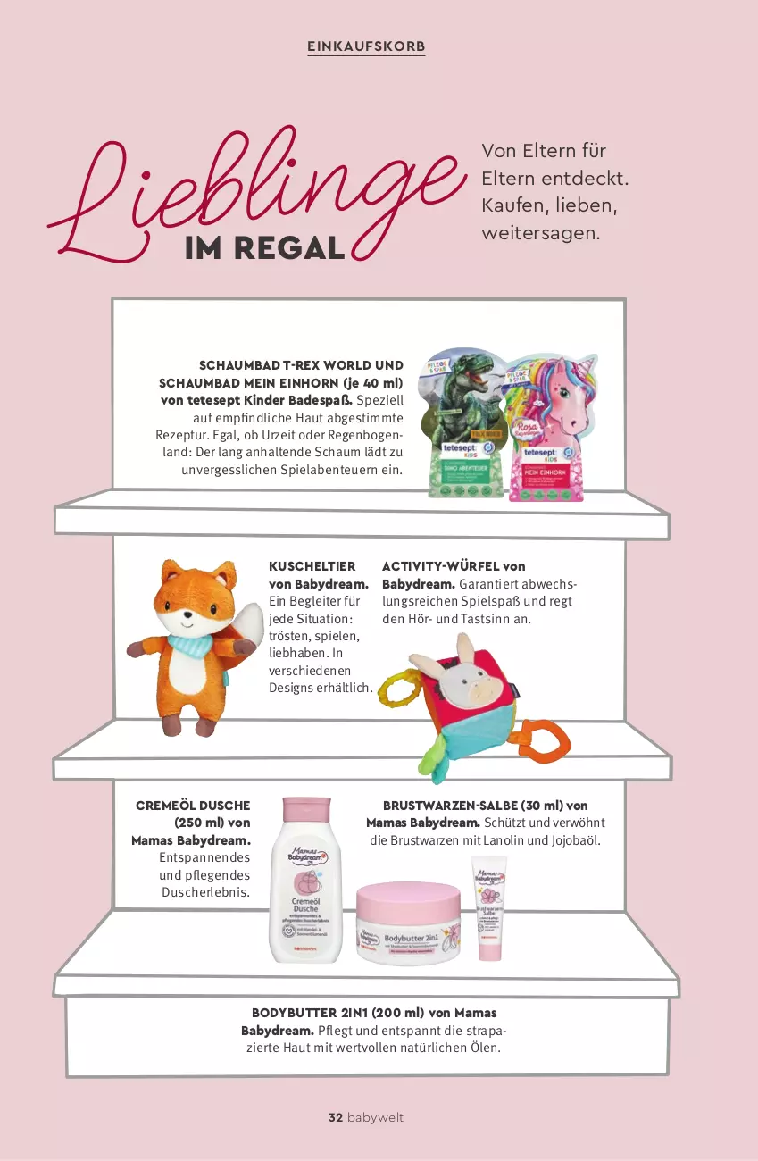 Aktueller Prospekt Rossmann - Prospekte - von 01.05 bis 31.08.2023 - strona 34 - produkty: babydream, Bad, body, butter, creme, dusche, einkaufskorb, ente, Kinder, Kinder Badespaß, korb, mam, regal, rezept, schaumbad, Spezi, Spiele, Ti, würfel