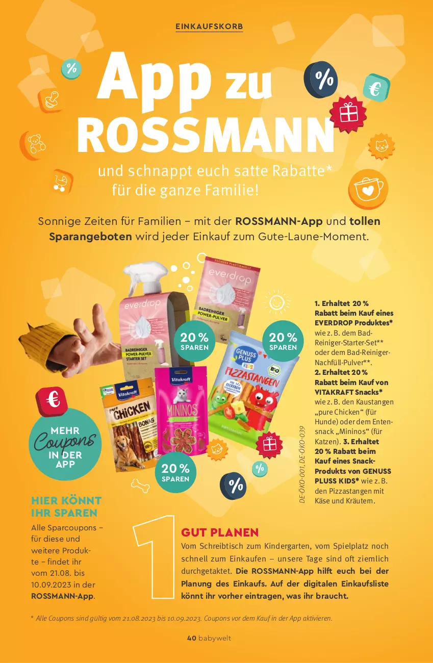 Aktueller Prospekt Rossmann - Prospekte - von 01.05 bis 31.08.2023 - strona 42 - produkty: alle coupons, angebot, angebote, aust, Bad, Bad-Reiniger, coupon, coupons, einkaufskorb, ente, Garten, Käse, Kinder, korb, kraft, kräuter, kräutern, nuss, pizza, Rauch, reiniger, schreibtisch, snack, snacks, Ti, tisch, vita, vitakraft