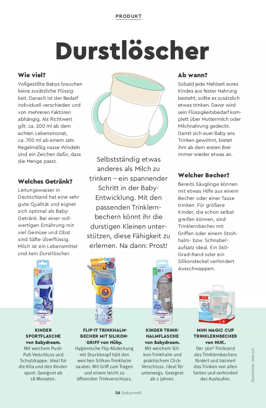 Aktueller Prospekt Rossmann - Prospekte - von 01.05 bis 31.08.2023 - strona 58 - produkty: babydream, Becher, Brei, decke, Deckel, durstlöscher, flasche, getränk, gsw, HP, Kinder, Laufen, lebensmittel, leine, LG, milch, nuk, obst, Rauch, reifen, rwe, säfte, Sport, tasse, Ti, tisch, wasser, WICK, windeln