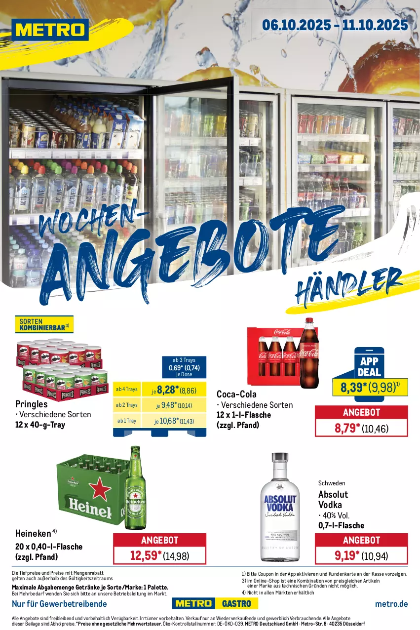 Aktueller Prospekt Metro - Wochen-Angebote Händler - von 06.10 bis 11.10.2025 - strona 1 - produkty: abholpreise, Absolut Vodka, angebot, angebote, coca-cola, cola, coupon, eis, flasche, getränk, getränke, heineken, ilag, Metro, Palette, pringles, Rauch, reis, ring, rwe, Ti, tiefpreis, vodka
