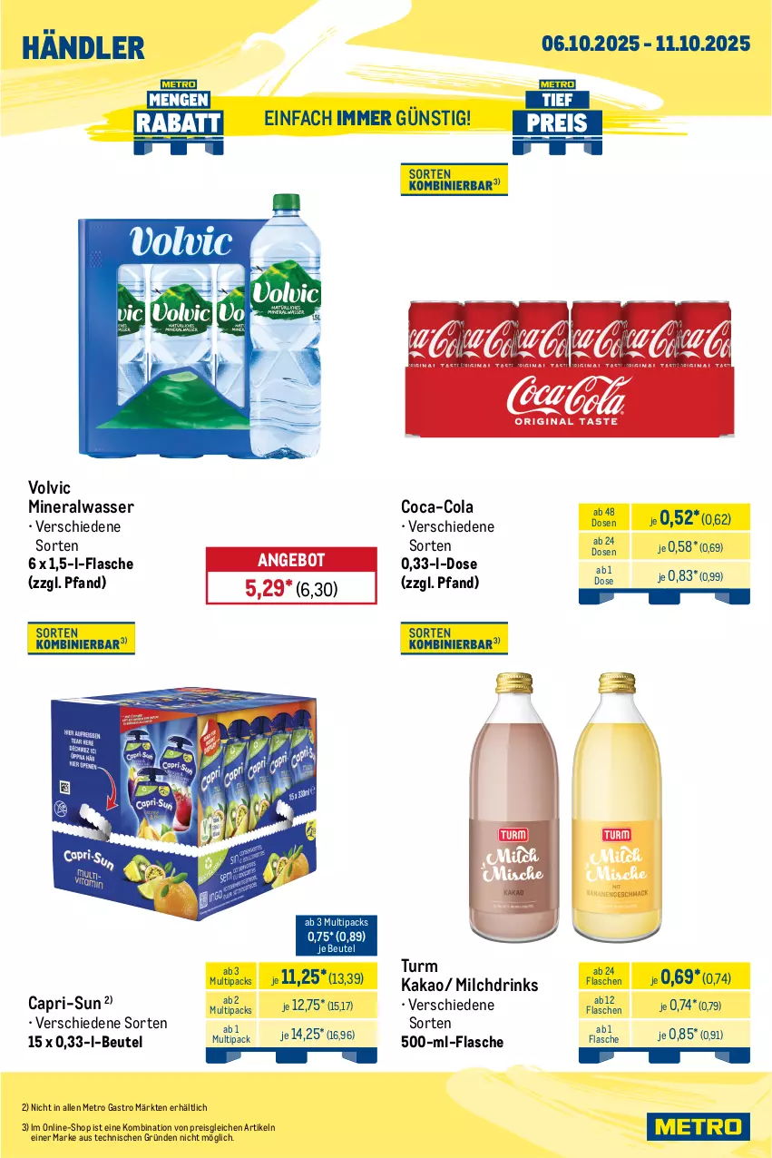 Aktueller Prospekt Metro - Wochen-Angebote Händler - von 06.10 bis 11.10.2025 - strona 4 - produkty: Alwa, angebot, auer, beutel, Cap, capri-sun, coca-cola, cola, drink, drinks, eis, flasche, Glastür, kakao, kühlschrank, Metro, metro gastro, milch, mineralwasser, reis, Schrank, Ti, volvic, wasser