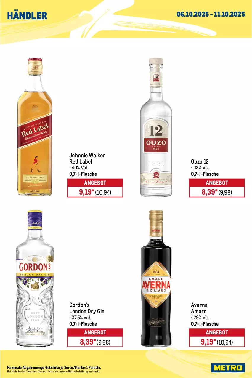 Aktueller Prospekt Metro - Wochen-Angebote Händler - von 06.10 bis 11.10.2025 - strona 7 - produkty: amaro, angebot, auer, averna, Berger, bier, dry gin, eis, erdinger, flasche, getränk, getränke, gin, gordon, Gordon’s, johnnie walker, london dry, london dry gin, ouzo, ouzo 12, Palette, pils, pilsner, radeberger, radeberger pilsner, reis, Ti, tiefpreis
