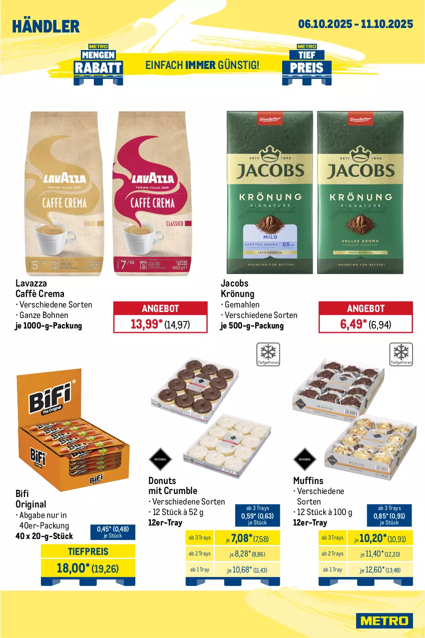 Aktueller Prospekt Metro - Wochen-Angebote Händler - von 06.10 bis 11.10.2025 - strona 9 - produkty: angebot, bifi, bohne, bohnen, caffè crema, Donut, donuts, eis, gin, jacobs, jacobs krönung, lavazza, Muffin, muffins, reis, rum, Ti, tiefpreis