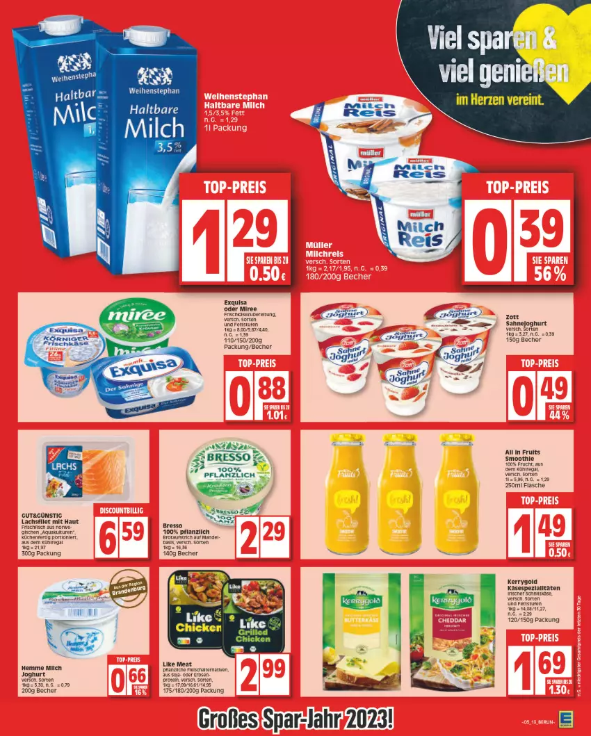 Aktueller Prospekt Edeka - Angebote der Woche - von 30.01 bis 04.02.2023 - strona 13 - produkty: aqua, aufstrich, Becher, bresso, brot, brotaufstrich, eier, erbsen, exquisa, flasche, frischkäse, frucht, joghur, joghurt, Käse, kerrygold, küche, Küchen, lachs, Like Meat, mandel, milch, miree, regal, rel, rwe, sahne, Schal, schnittkäse, smoothie, soja, Spezi, Ti, weihenstephan, zott