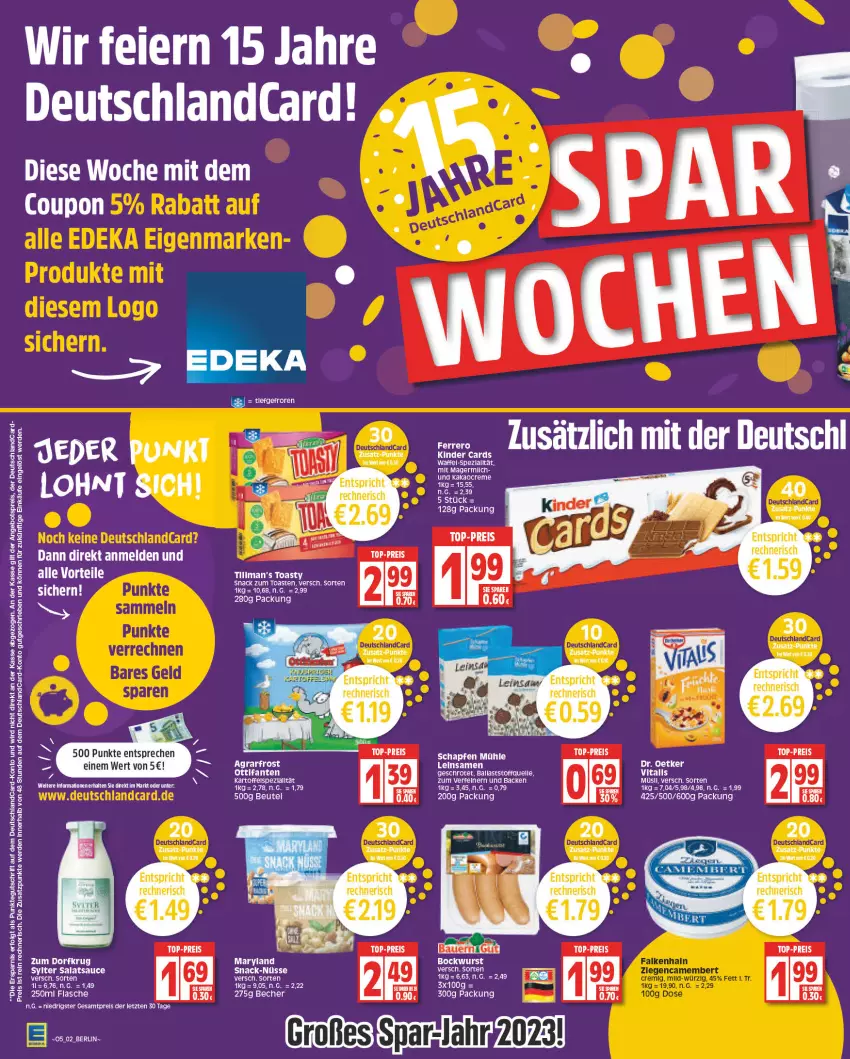 Aktueller Prospekt Edeka - Angebote der Woche - von 30.01 bis 04.02.2023 - strona 2 - produkty: agrarfrost, angebot, angebotspreis, ball, beutel, bockwurst, coupon, creme, deutschlandcard, Dr. Oetker, eier, eis, elle, erde, ferrero, Germ, kakao, kartoffel, Kinder, LG, müsli, reis, rel, salat, salatsauce, sauce, snack, Sylter, tee, Ti, toast, toasty, top-preis, wurst, ZTE, Zum Dorfkrug