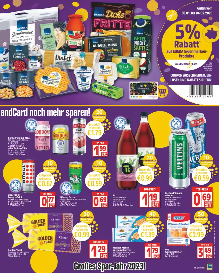 Aktueller Prospekt Edeka - Angebote der Woche - von 30.01 bis 04.02.2023 - strona 3 - produkty: beutel, brot, chia, coupon, deutschland card, drink, Effect, eis, elle, erfrischungsgetränk, flasche, getränk, gin, gordon, Gordon’s, kuchen, Kuchenschnitte, mam, Meister, pflaster, reis, schnitten, smirnoff, tee, Ti, toast, Toastbrot, tonic, top-preis, ZTE