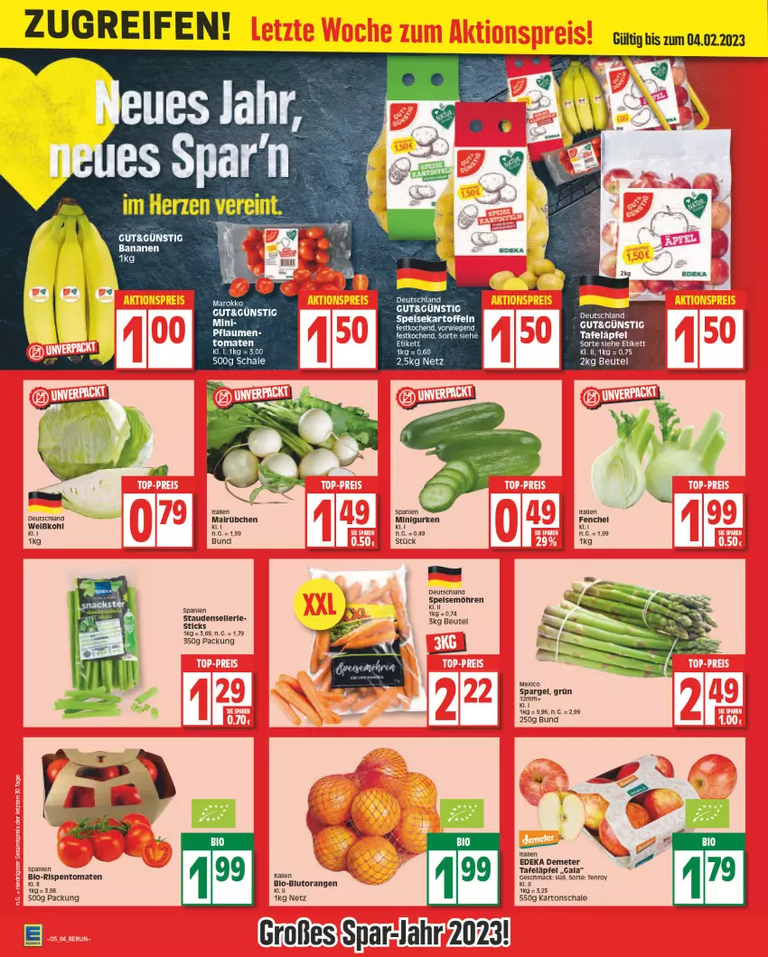 Aktueller Prospekt Edeka - Angebote der Woche - von 30.01 bis 04.02.2023 - strona 4 - produkty: banane, bananen, beutel, bio, deka, eis, elle, gurke, gurken, kartoffel, kartoffeln, mac, möhren, orange, orangen, pflaume, pflaumen, reifen, rispentomaten, Schal, Schale, spargel, speisekartoffeln, speisemöhren, stauden, tafeläpfel, Ti, tomate, tomaten, Weißkohl