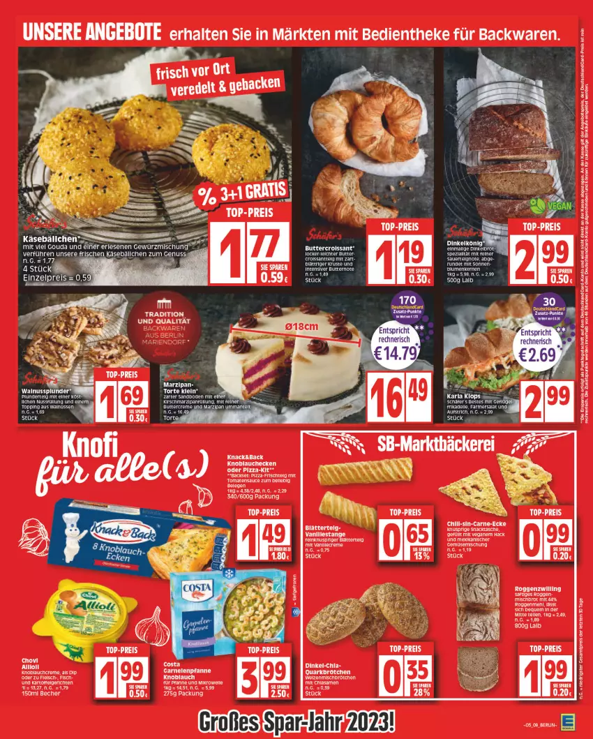 Aktueller Prospekt Edeka - Angebote der Woche - von 30.01 bis 04.02.2023 - strona 9 - produkty: angebot, angebote, angebotspreis, auer, aufstrich, backwaren, Becher, blätterteig, brot, brötchen, butter, chili, chovi, creme, Croissant, dell, deutschlandcard, dip, eis, elle, erde, fisch, gouda, kartoffel, Käse, kirsch, knoblauch, Knoblauchcreme, LG, Mantel, marzipan, Marzipanfüllung, mikrowelle, nuss, pfanne, pizza, Plunder, quark, reis, rel, saft, salat, sauce, snack, Tasche, Ti, tomate, tomaten, tomatensauce, top-preis, torte, vanille, Vanillestange, ZTE