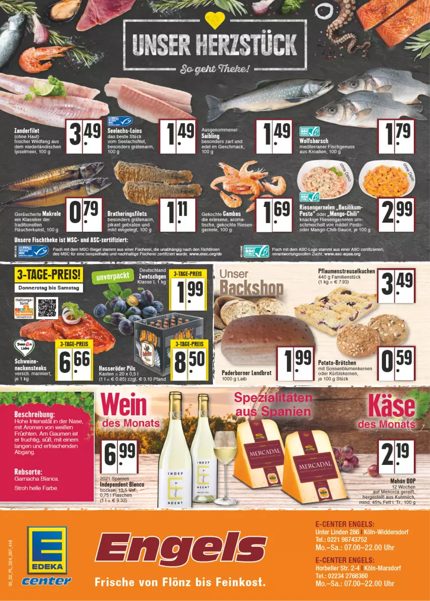 Aktueller Prospekt E Center - Angebote der Woche - von 29.08 bis 03.09.2022 - strona 24 - produkty: aqua, basilikum, blume, blumen, braten, brot, brötchen, chili, eis, elle, feinkost, filet, filets, fisch, fische, Fischer, flasche, frucht, garnelen, hering, Herings, heringsfilets, kuchen, Kürbis, kürbiskerne, lachs, mac, Makrele, mango, mars, milch, Nackensteak, nackensteaks, nuss, pesto, pflaume, pflaumen, pils, rel, riesengarnelen, ring, Saibling, sauce, Schere, sonnenblume, sonnenblumen, Sonnenblumenkerne, sonnenblumenkernen, steak, steaks, Streuselkuchen, Ti, tisch, uhr, wein, Wild, wolfsbarsch