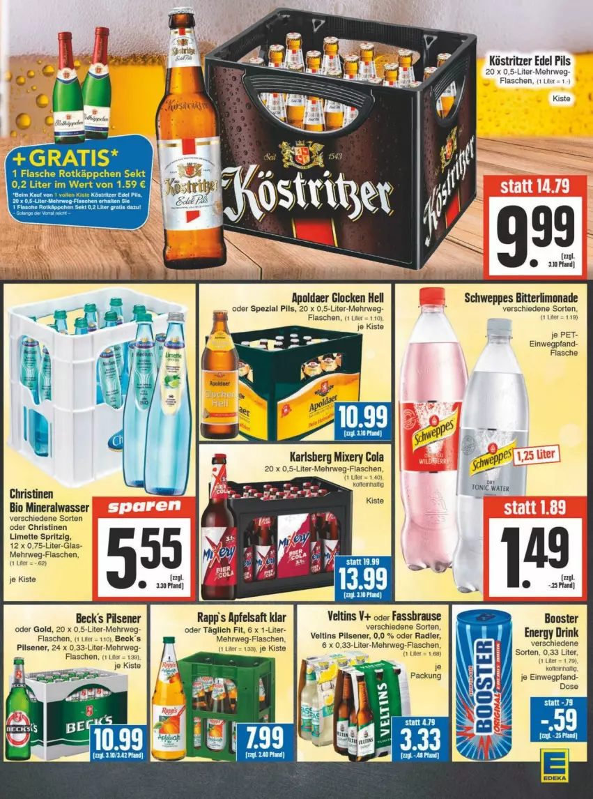 Aktueller Prospekt Edeka - Prospekte - von 11.05 bis 18.05.2024 - strona 13 - produkty: Alwa, apfel, apfelsaft, becks, bio, cola, deka, drink, energy drink, flasche, karlsberg, karlsberg mixery, köstritzer, limette, Mett, mineralwasser, Mixer, mixery, oder radler, pils, pilsener, radler, rwe, saft, schweppes, Spezi, Ti, tonic, tonic water, veltins, veltins pilsener, wasser