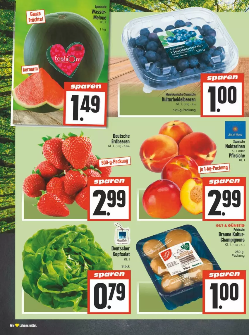 Aktueller Prospekt Edeka - Prospekte - von 11.05 bis 18.05.2024 - strona 2 - produkty: beere, beeren, braun, champignon, champignons, erdbeere, erdbeeren, kopfsalat, lebensmittel, Nektar, nektarinen, pfirsich, pfirsiche, salat