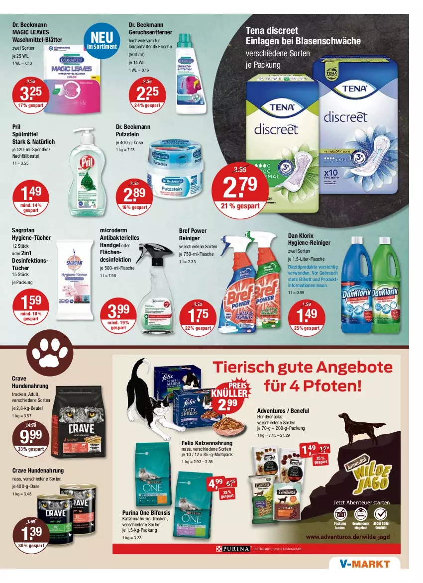 Aktueller Prospekt Vmarkt - V-Markt - von 15.09 bis 21.09.2022 - strona 11 - produkty: adventuros, beutel, bio, biozidprodukte, Bref, bref power, Desinfektion, Discreet, Dr. Beckmann, eis, elle, ente, felix, flasche, hundenahrung, hundesnack, hundesnacks, hygiene-reiniger, je 500-ml-flasche, katzennahrung, pril, purina, Rauch, reiniger, reis, rwe, sagrotan, snack, snacks, spülmittel, Ti, tücher, waschmittel