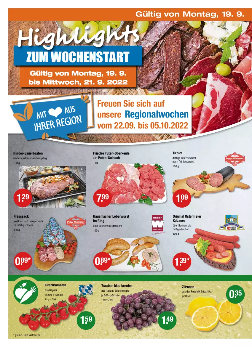 Aktueller Prospekt Vmarkt - V-Markt - von 15.09 bis 21.09.2022 - strona 22 - produkty: auer, braten, brot, buch, eier, gin, gulasch, Hausmacher, Holz, jagdwurst, kabanos, kirsch, leberwurst, mac, presssack, pute, Rauch, rind, rinder, ring, sac, Schal, Schale, Ti, tomate, tomaten, trauben, wurst, zitrone, zitronen