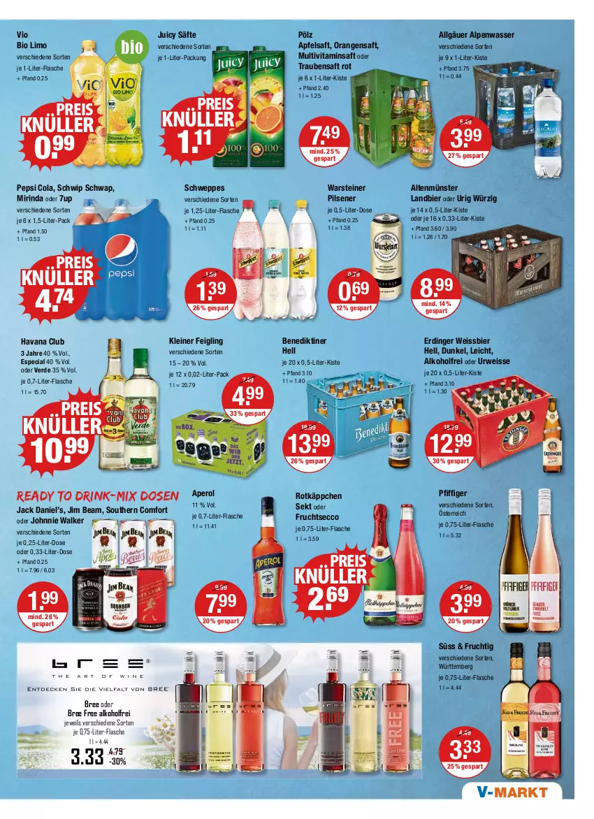 Aktueller Prospekt Vmarkt - V-Markt - von 15.09 bis 21.09.2022 - strona 9 - produkty: 7UP, alkohol, Altenmünster, aperol, apfel, apfelsaft, Benediktiner, bier, bio, bio limo, bree, cola, drink, ecco, eis, erde, erdinger, flasche, frucht, fruchtsecco, Havana Club, jack daniel, Jack Daniel’s, je 1-liter-flasche, jim beam, johnnie walker, kleiner feigling, leine, LG, limo, Mirinda, Multivitaminsaft, orange, orangen, orangensaft, pepsi, Pepsi Cola, pils, pilsener, reis, rind, rotkäppchen, rwe, saft, säfte, schweppes, Schwip Schwap, sekt, Southern Comfort, steiner, Ti, trauben, Traubensaft, vio bio limo, vita, warsteiner, wasser, weissbier