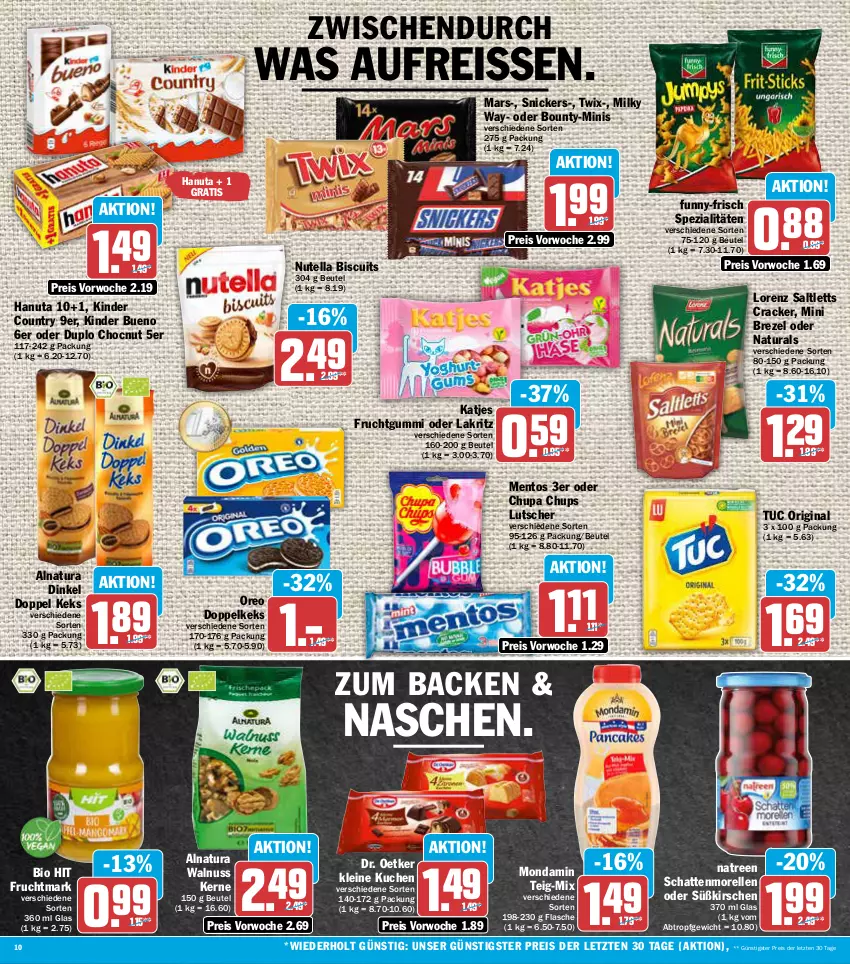 Aktueller Prospekt Aez - Prospekte - von 07.06 bis 11.06.2022 - strona 10 - produkty: beutel, bio, bio hit, bounty, brezel, chupa, chupa chups, cracker, Dr. Oetker, duplo, eis, elle, flasche, frucht, fruchtgummi, Fruchtmark, funny-frisch, gin, hanuta, katjes, keks, Kinder, kinder bueno, kinder country, kirsch, kirsche, kirschen, kuchen, Lakritz, leine, lorenz, Lutscher, mars, mentos, milky way, mondamin, morellen, natur, natura, nuss, nutella, oder lakritz, oreo, reis, reiss, rel, saltletts, schattenmorellen, snickers, Spezi, Ti, tuc, twix, walnuss, Walnuss Kerne, ZTE