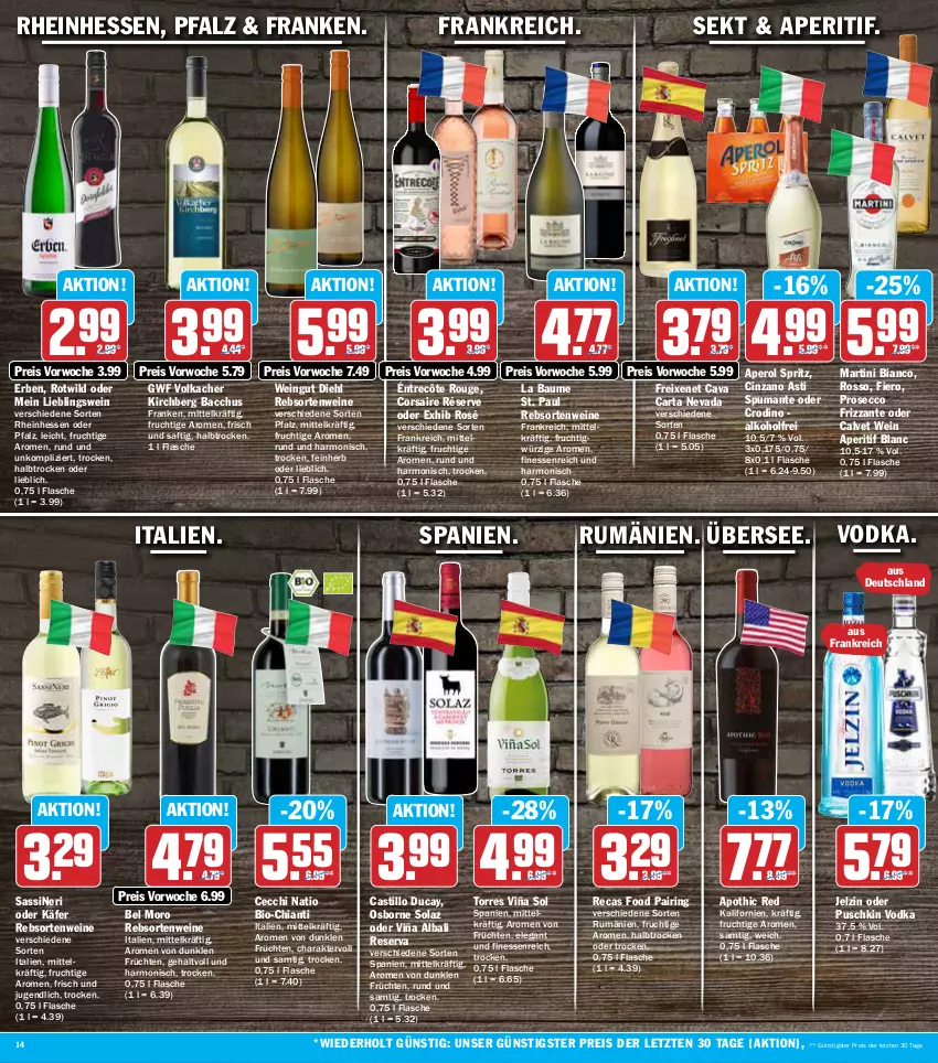 Aktueller Prospekt Aez - Prospekte - von 07.06 bis 11.06.2022 - strona 14 - produkty: ACC, alkohol, aperitif, aperol, asti, Bau, bio, Cava, chia, chianti, cin, cinzano, Cinzano Asti, Corsaire, ecco, eis, finesse, flasche, freixenet, frizzante, frucht, früchte, früchten, gsw, jelzin, käfer, martini, olaz, osborne, prosecco, puma, puschkin vodka, rebsortenweine, reis, ring, rouge, rum, saft, sekt, spumante, Ti, vodka, wein, weine, Wild, ZTE