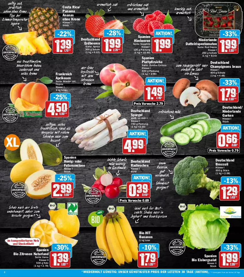 Aktueller Prospekt Aez - Prospekte - von 07.06 bis 11.06.2022 - strona 2 - produkty: ananas, aprikose, aprikosen, banane, bananen, Bau, beere, beeren, bio, bio hit, braun, broccoli, champignon, champignons, champignons braun, dessert, eis, eisbergsalat, elle, erdbeere, erdbeeren, fleisch, frucht, fruchtfleisch, gurke, gurken, himbeer, himbeere, himbeeren, honig, joghur, joghurt, krone, LG, mac, melone, natur, naturland, nudel, Nudelgericht, nuss, obst, pfirsich, pfirsiche, plattpfirsiche, quark, radieschen, reis, Ria, rispentomaten, saft, salat, salate, sapphire, Schal, Schale, schinken, shake, spargel, Stier, Ti, tisch, tomate, tomaten, vorspeise, zitrone, zitronen, ZTE, zucker