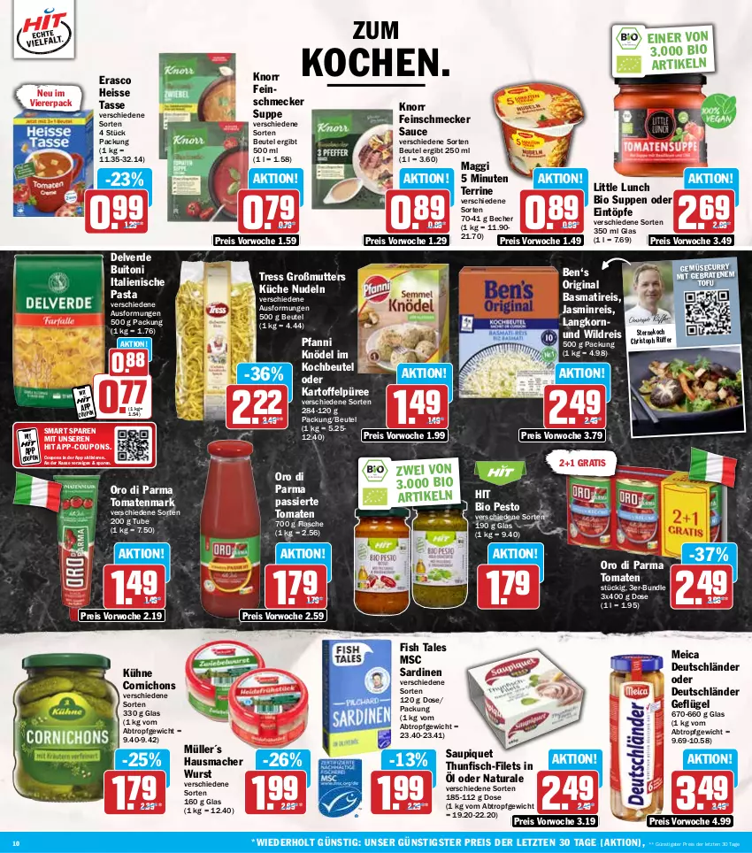 Aktueller Prospekt Hit - Wochenprospekt - von 30.09 bis 05.10.2024 - strona 10 - produkty: basmati, Becher, beutel, bio, braten, buitoni, coupon, coupons, curry, eintöpfe, eis, erasco, erde, feinschmecker, filet, filets, fisch, flasche, Geflügel, gin, Hausmacher, italienische pasta, kartoffel, Kartoffelpüree, Knödel, knorr, kochbeutel, korn, küche, Kühne, mac, maggi, meica, Müller, natur, natura, nudel, nudeln, oro di parma, pasta, pesto, pfanni, püree, reis, Sardinen, sauce, saupiquet, suppe, suppen, tasse, terrine, thunfisch, Ti, Tofu, tomate, tomaten, tomatenmark, Wild, wurst, ZTE