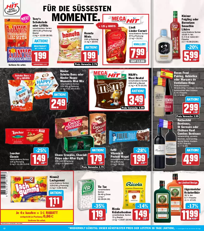 Aktueller Prospekt Hit - Wochenprospekt - von 30.09 bis 05.10.2024 - strona 12 - produkty: after eight, aktionspreis, berentzen, beutel, chips, choclait chips, choco crossies, cola, crossies, dell, eis, ente, erde, flasche, frucht, Germ, hanuta, jägermeister, Kinder, kleiner feigling, kräuter, kräuterlikör, lachgummi, leine, likör, lindor, lindt, Meister, nimm2, rebsortenweine, reis, Ricola, riegel, ring, rioja, schoko, schokolade, smoothie, Ti, Tiere, vita, wein, weine, ZTE